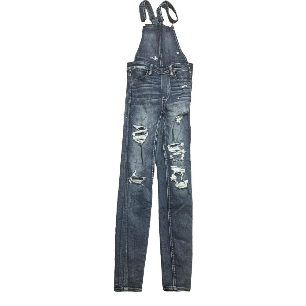 American Eagle Women 2 Blue Jegging Overall Distressed Ripped Skinny Denim